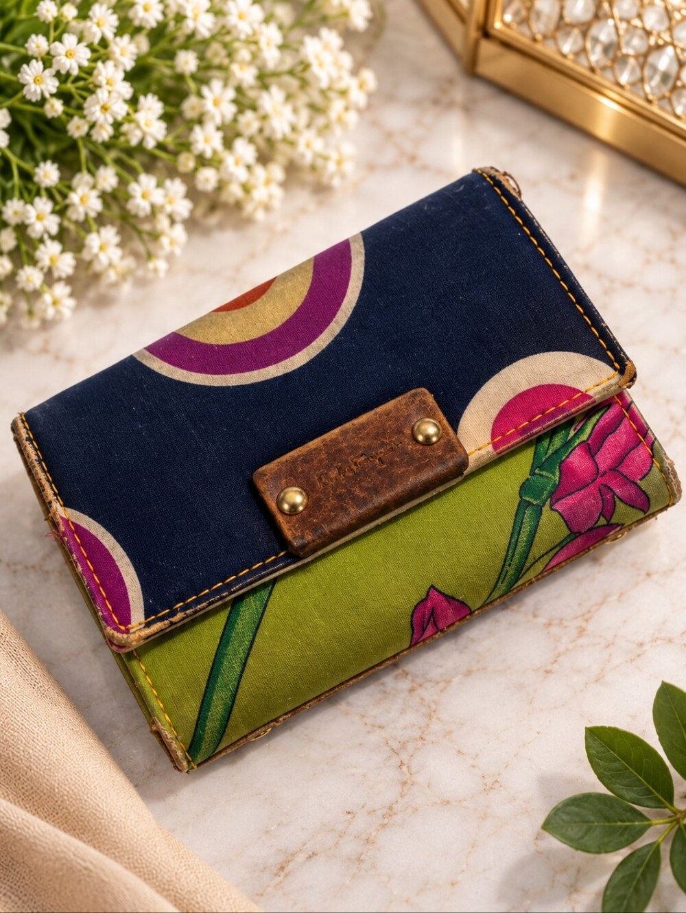 Ferragamo Colorful Floral Geometric Key Holder Wallet Key Case Navy Green Pink